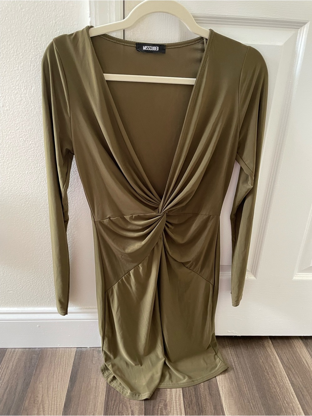 Missguided Olive Green Long Sleeve Twist Front Dress